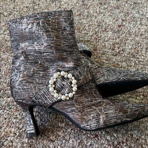 Alex Marie Textured Brown Heeled Boots with Pearl Accent